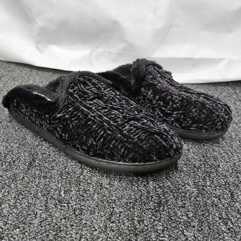 Dearfoams Cozy Comfort Black Fuzzy Slip On House Shoes Size XL 11-12